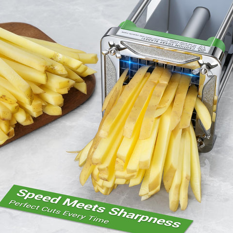 Sopito French Fry Cutter blade sizes demonstrate 1/2 and 3/8 inch options.