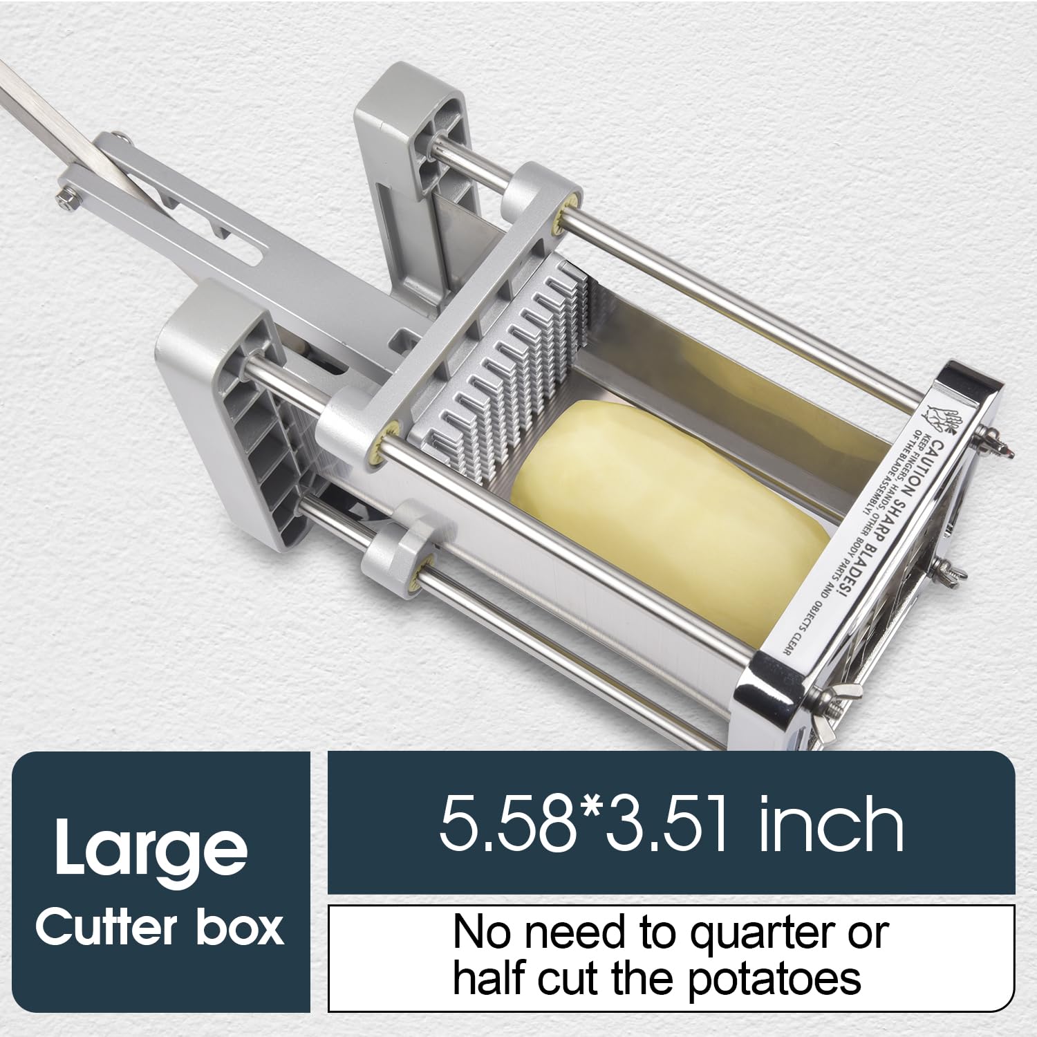 Sopito French Fry Cutter extended handle demonstrates ergonomic grip for easier slicing