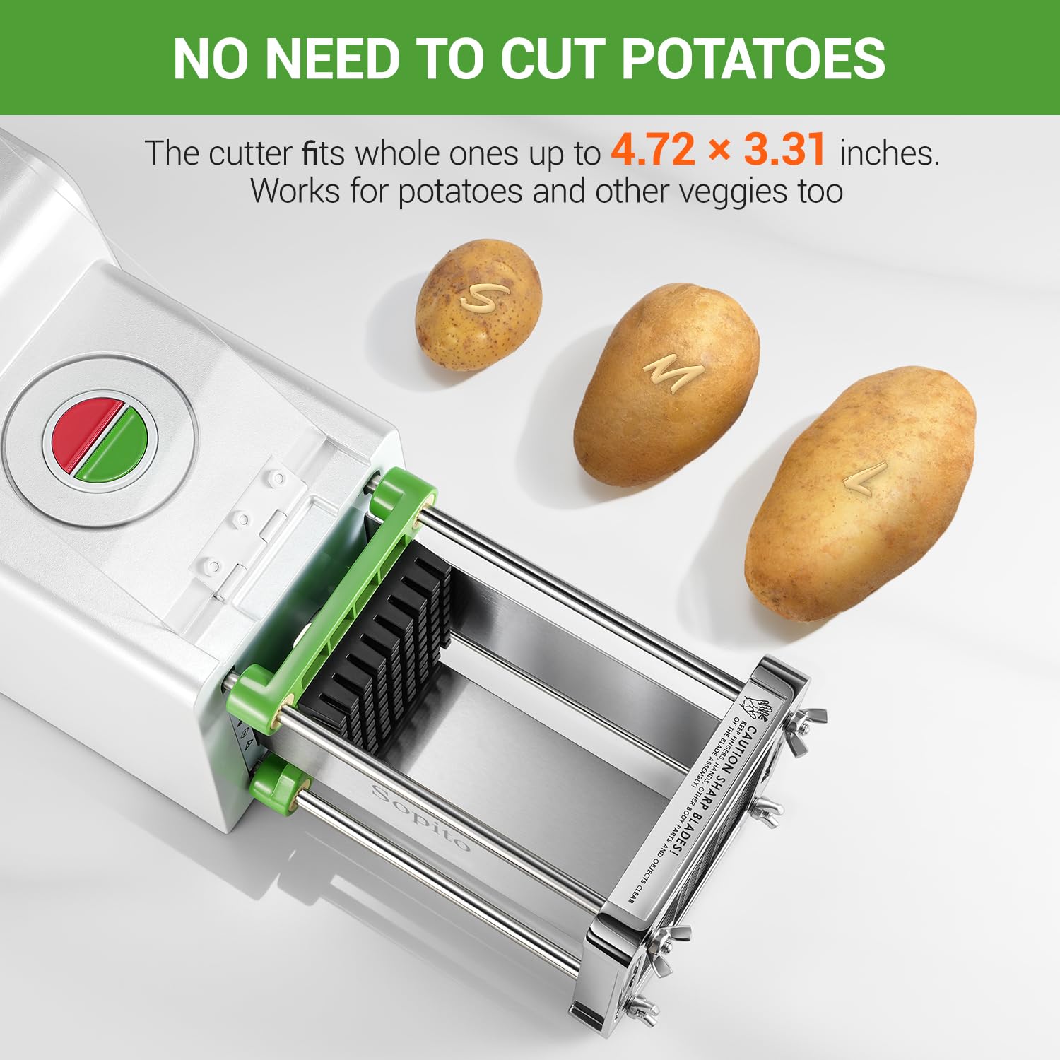 Sopito French Fry Cutter potato cutting in action for even sticks.