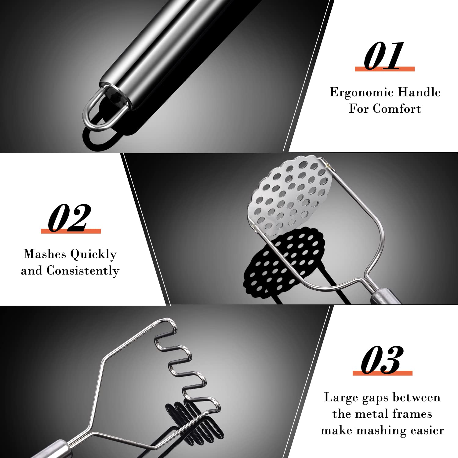 Sopito stainless steel masher set offers durable, stain-resistant performance.