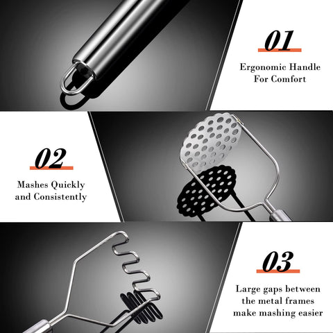 Sopito stainless steel masher set offers durable, stain-resistant performance.