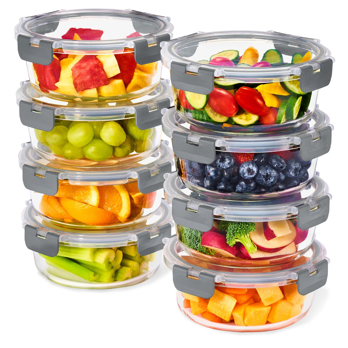 Sorbus 16pc glass meal prep set with eight round 32oz containers, ideal for meal prep and leftovers.