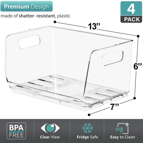 Sorbus clear pantry bin stackable side view demonstrates space-saving design for fridge or cabinet.