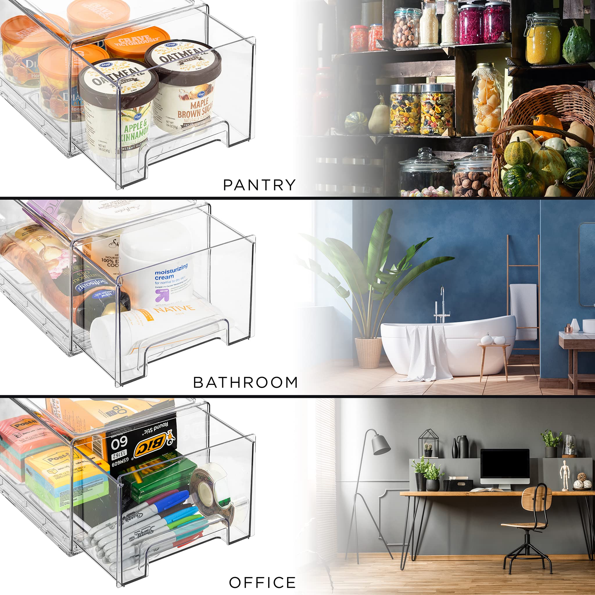 Sorbus fridge-clear drawers provide visibility for organized produce and snacks.