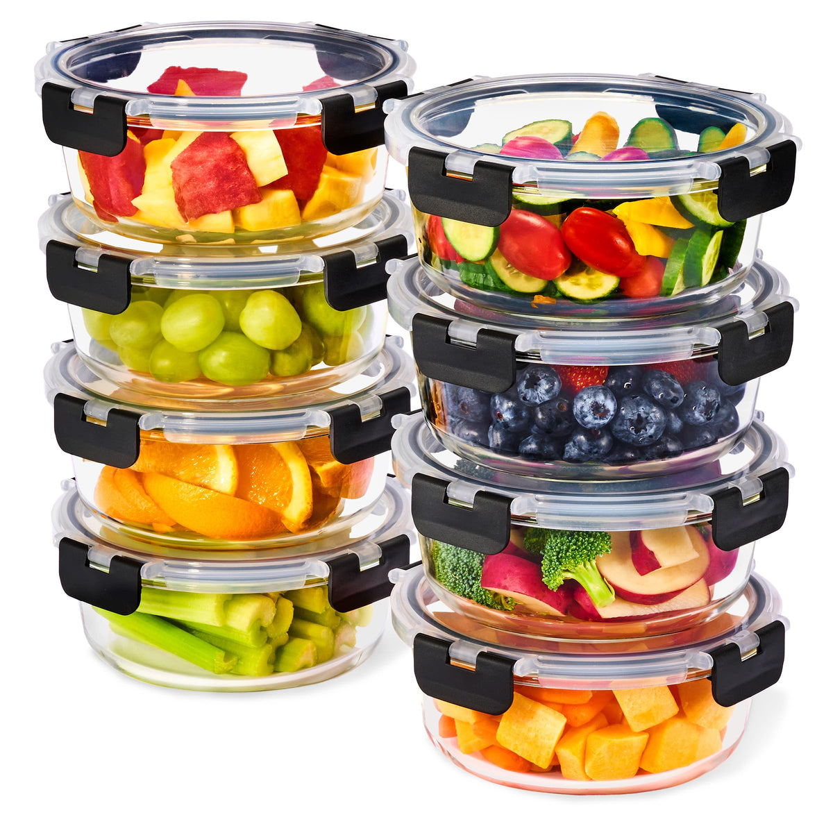 Sorbus glass meal prep container 32oz round showcases stackable design for efficient fridge organization.
