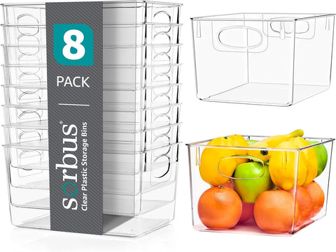 Sorbus large clear storage bin on a shelf showing quick visibility for contents.
