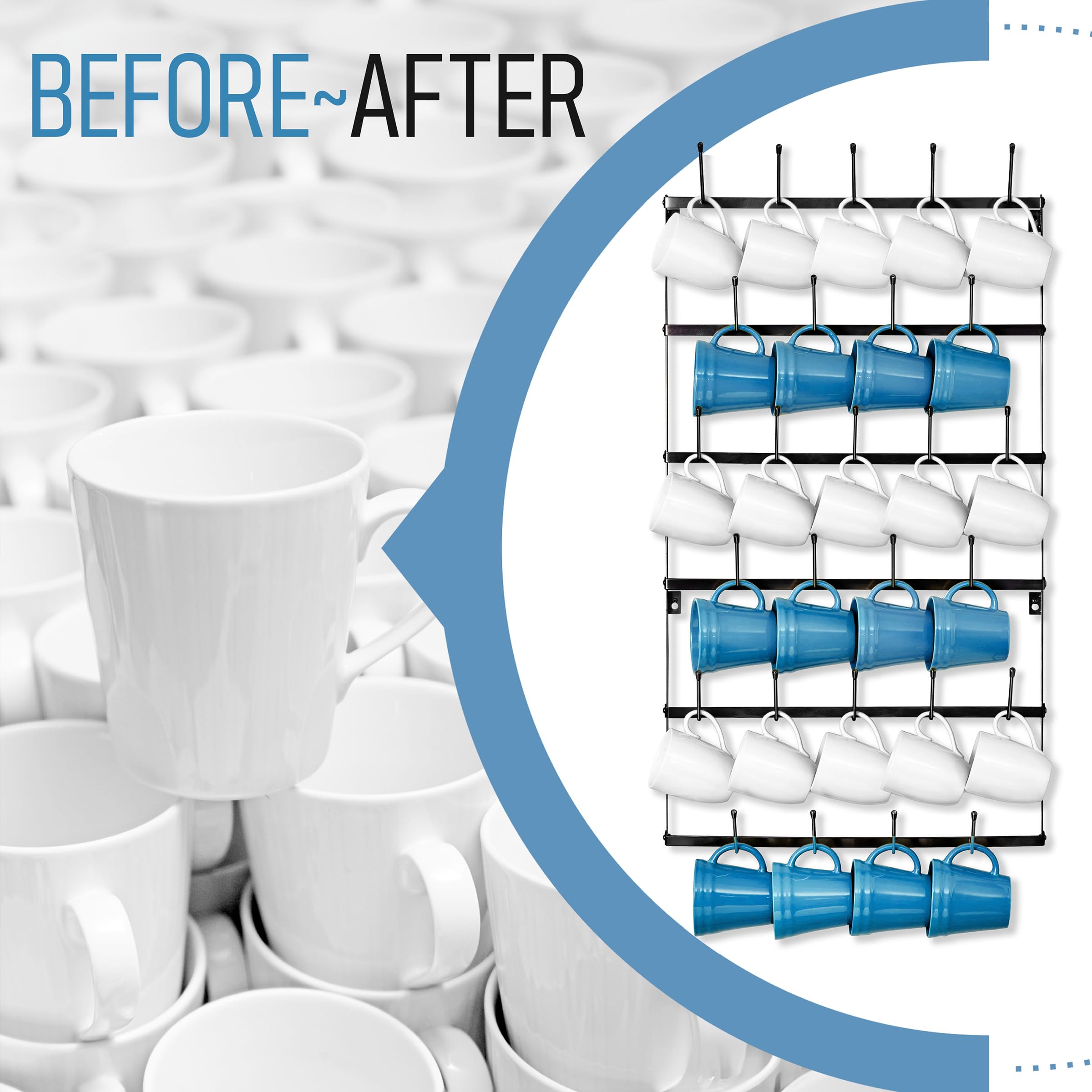 Top-down view of Sorbus mug rack showing hooked mug placement