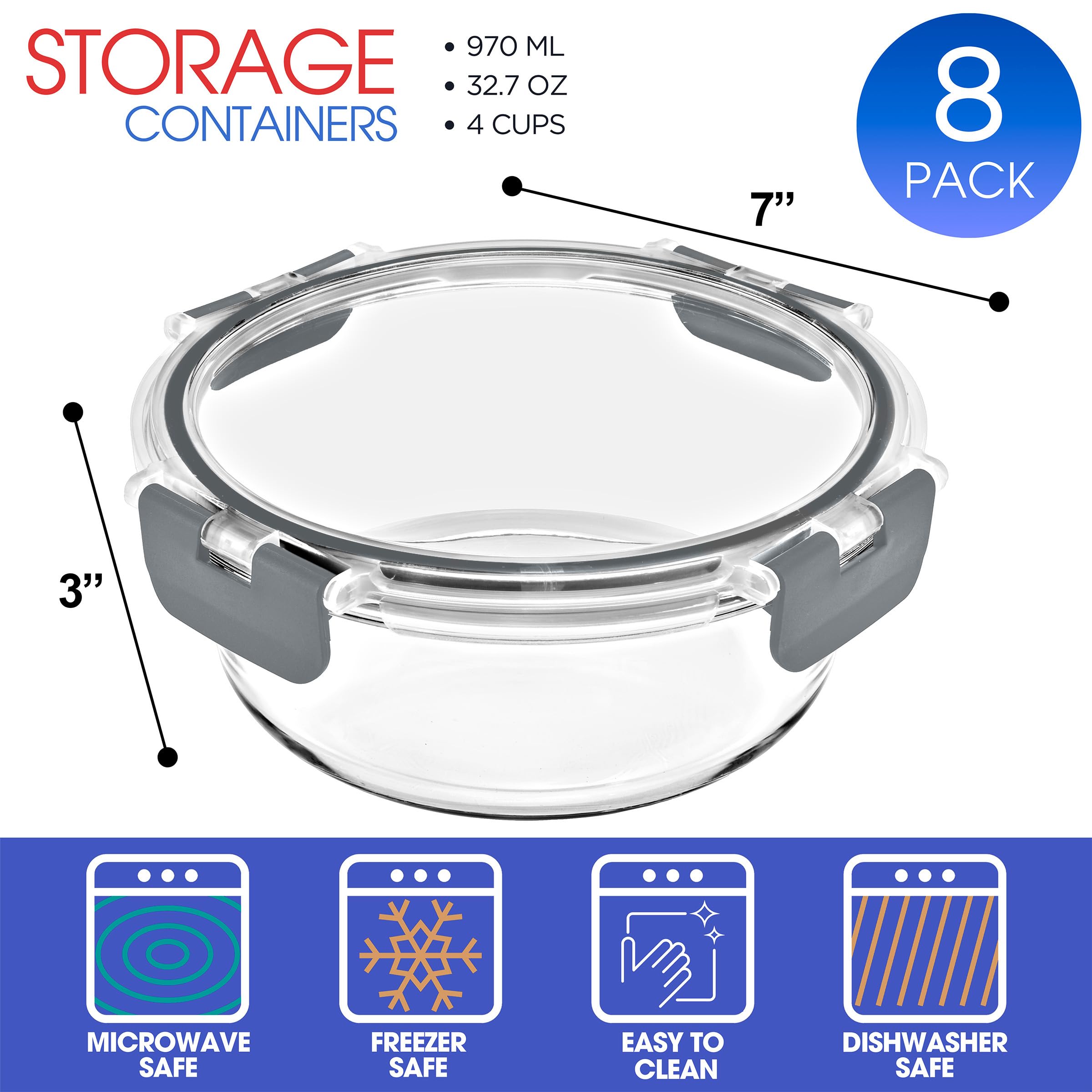 Sorbus round 32oz glass containers with airtight lids, keep freshness and prevent leaks.