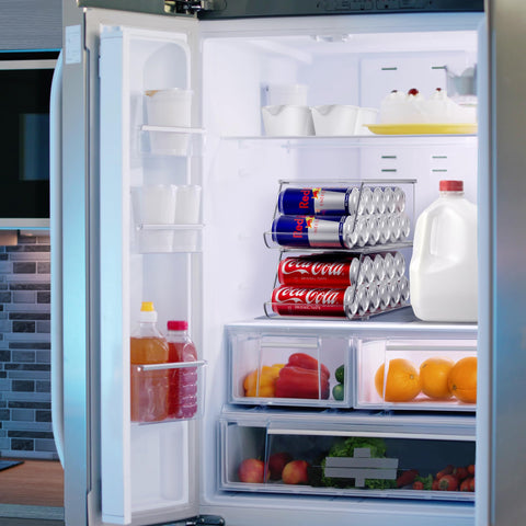 Sorbus Skinny Soda Can Dispenser in fridge with lid on for organized cooling.