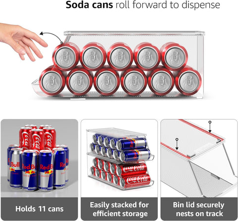 Sorbus Skinny Soda Can Dispenser in fridge showing rotating system for easy dispensing.