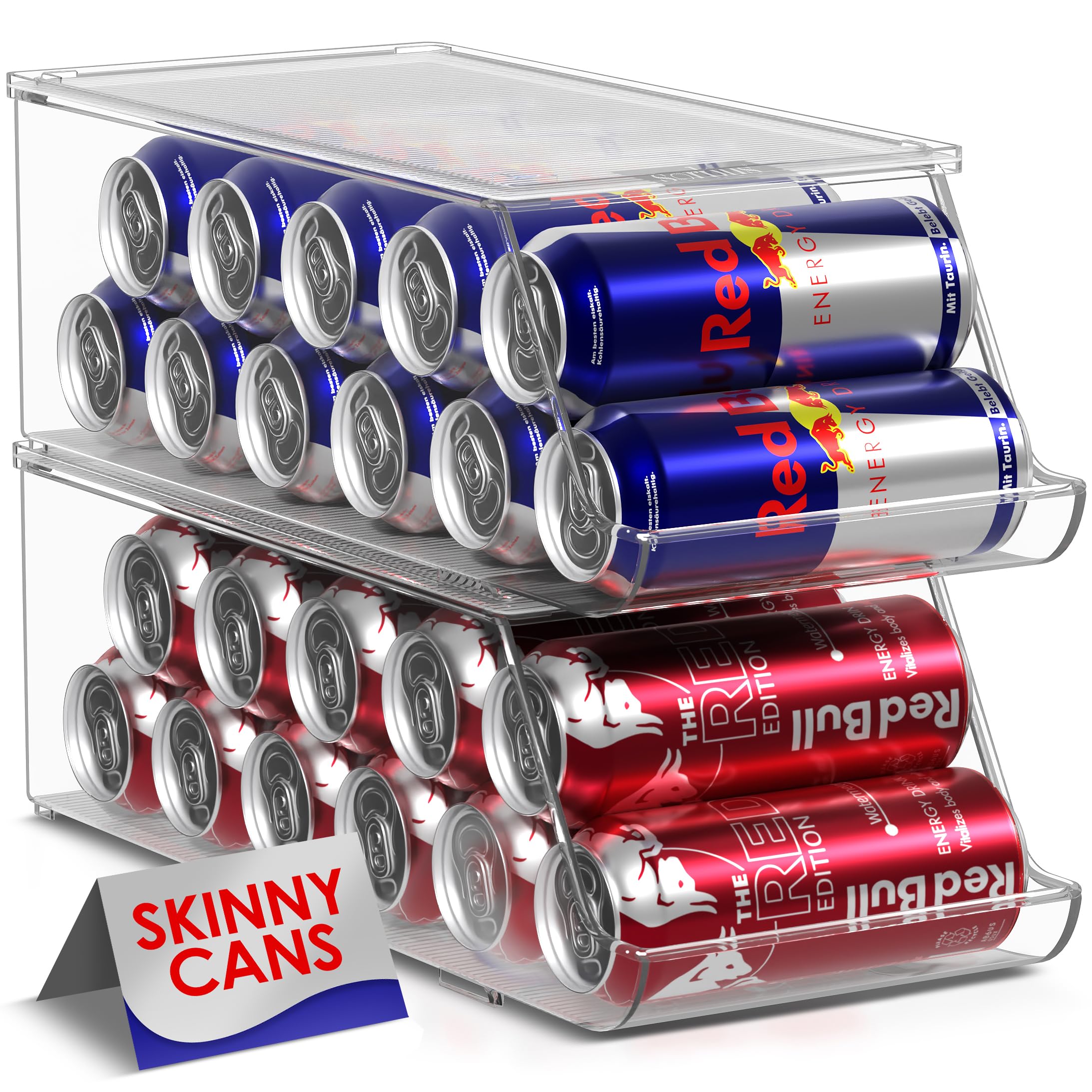 Sorbus Skinny Soda Can Dispenser front view showing 12-can capacity for easy fridge access.