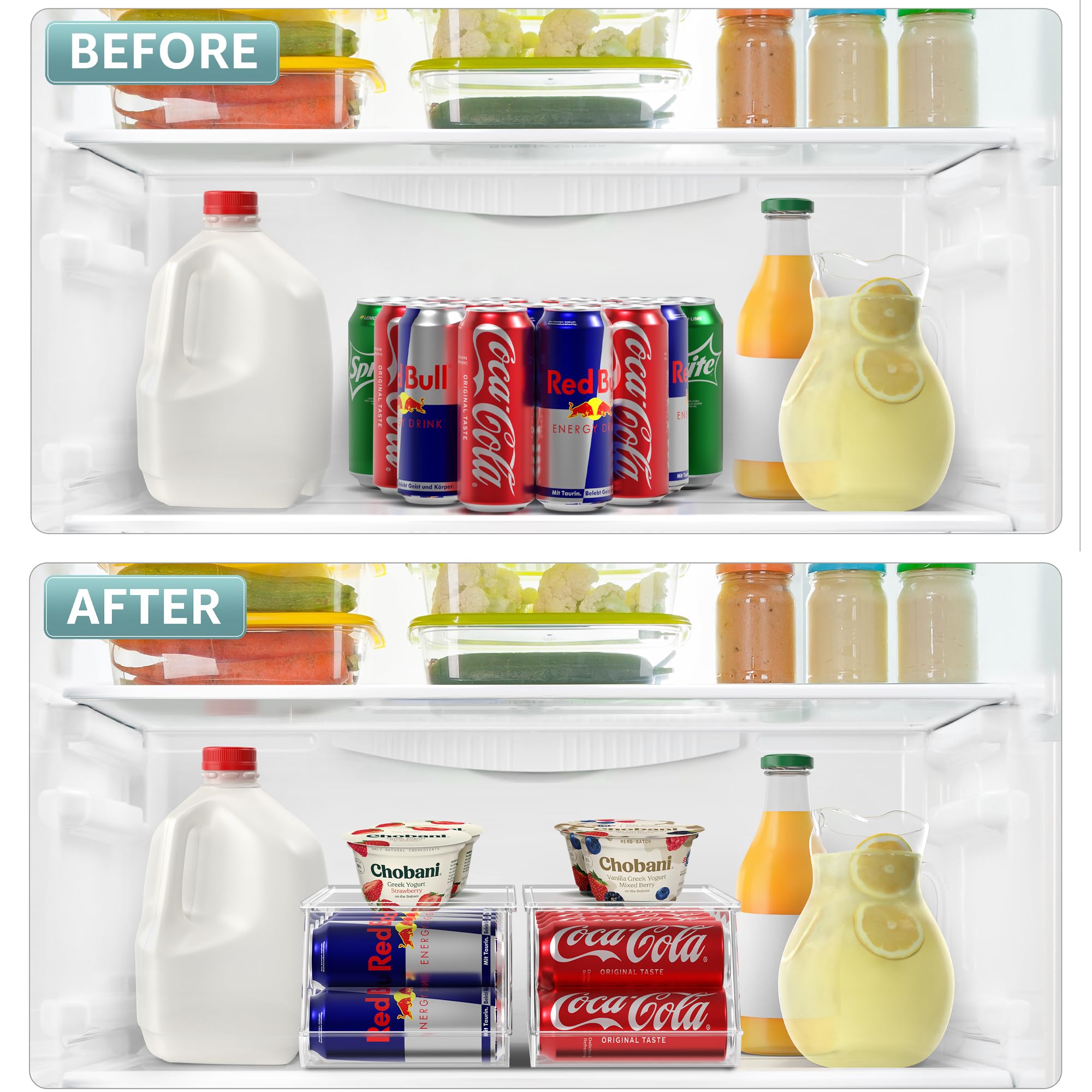 Sorbus Skinny Soda Can Dispenser stackable design for expanded fridge space.