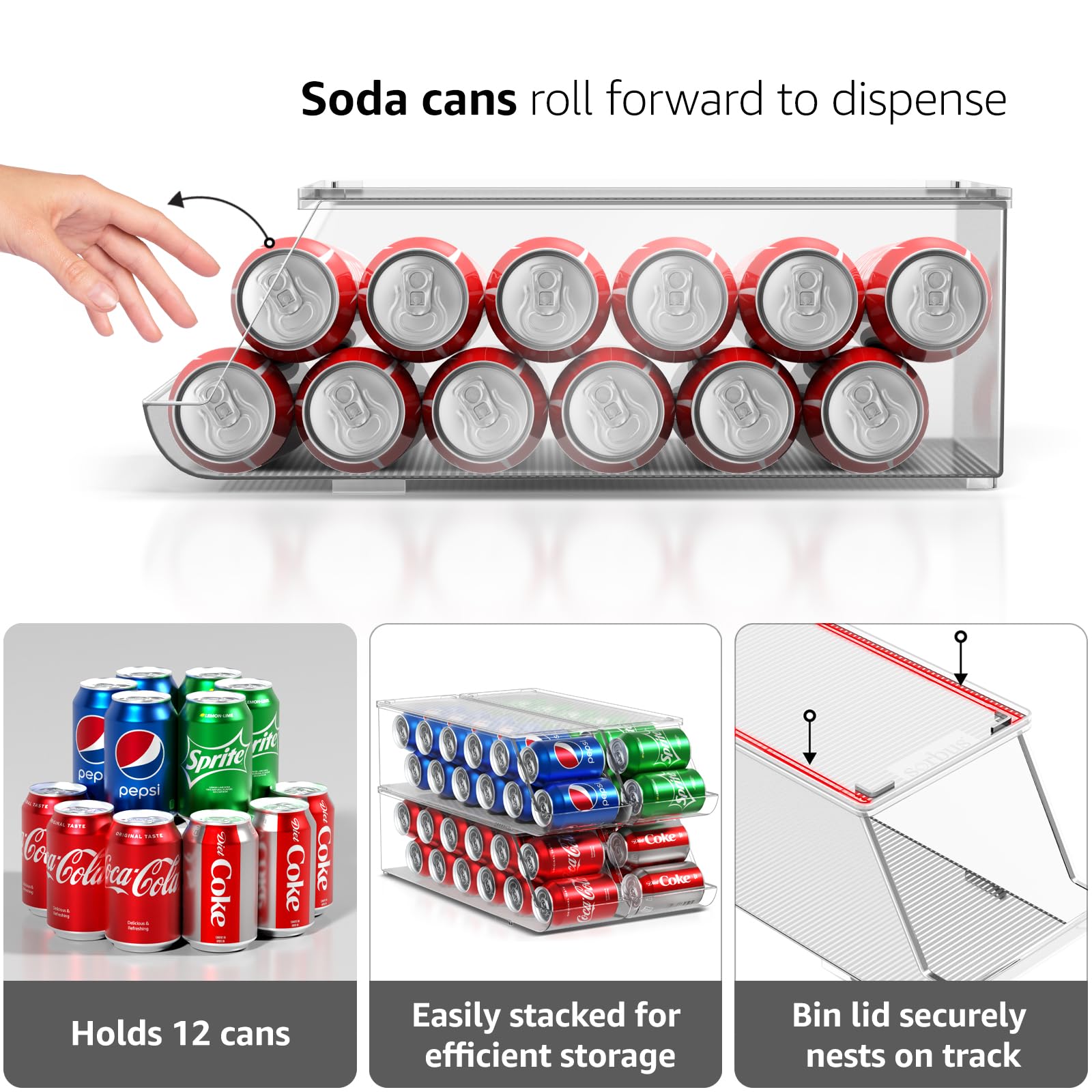 Sorbus Soda Can Organizer in fridge keeps drinks visible and ready to grab.