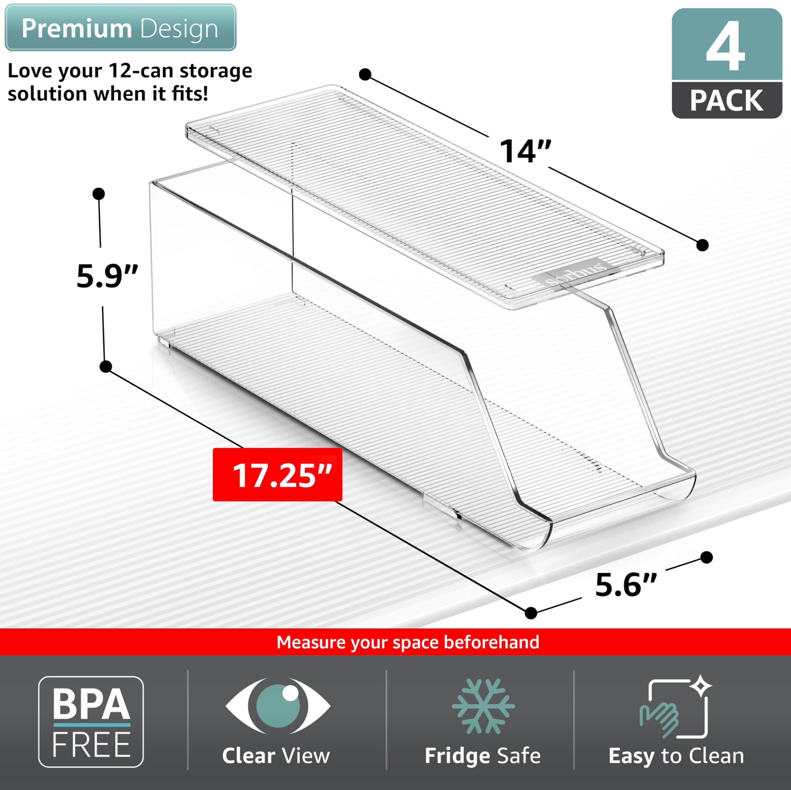 Sorbus Soda Can Organizer stackable bin maximizing vertical fridge space.