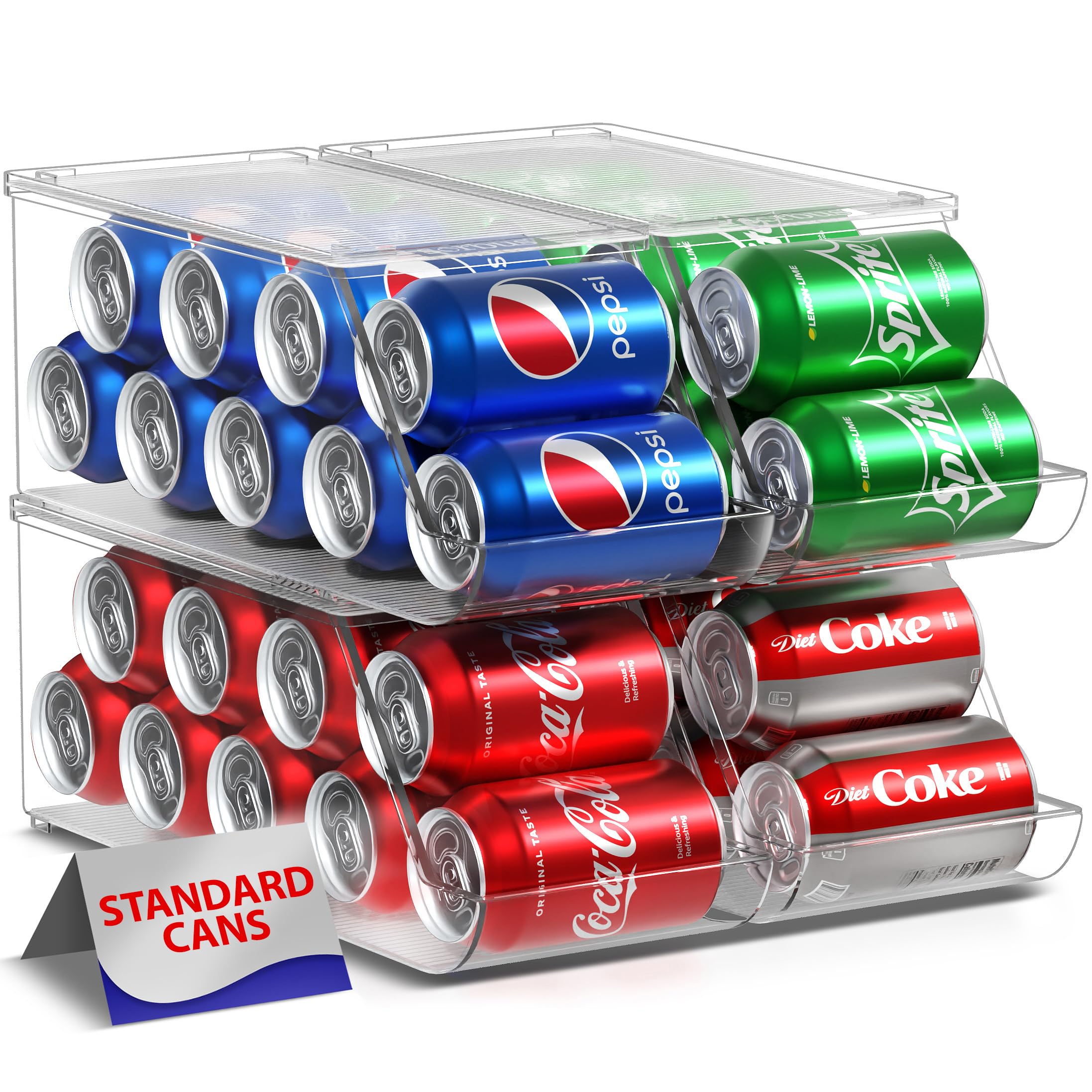 Sorbus soda can organizer with stackable lid in fridge for space optimization