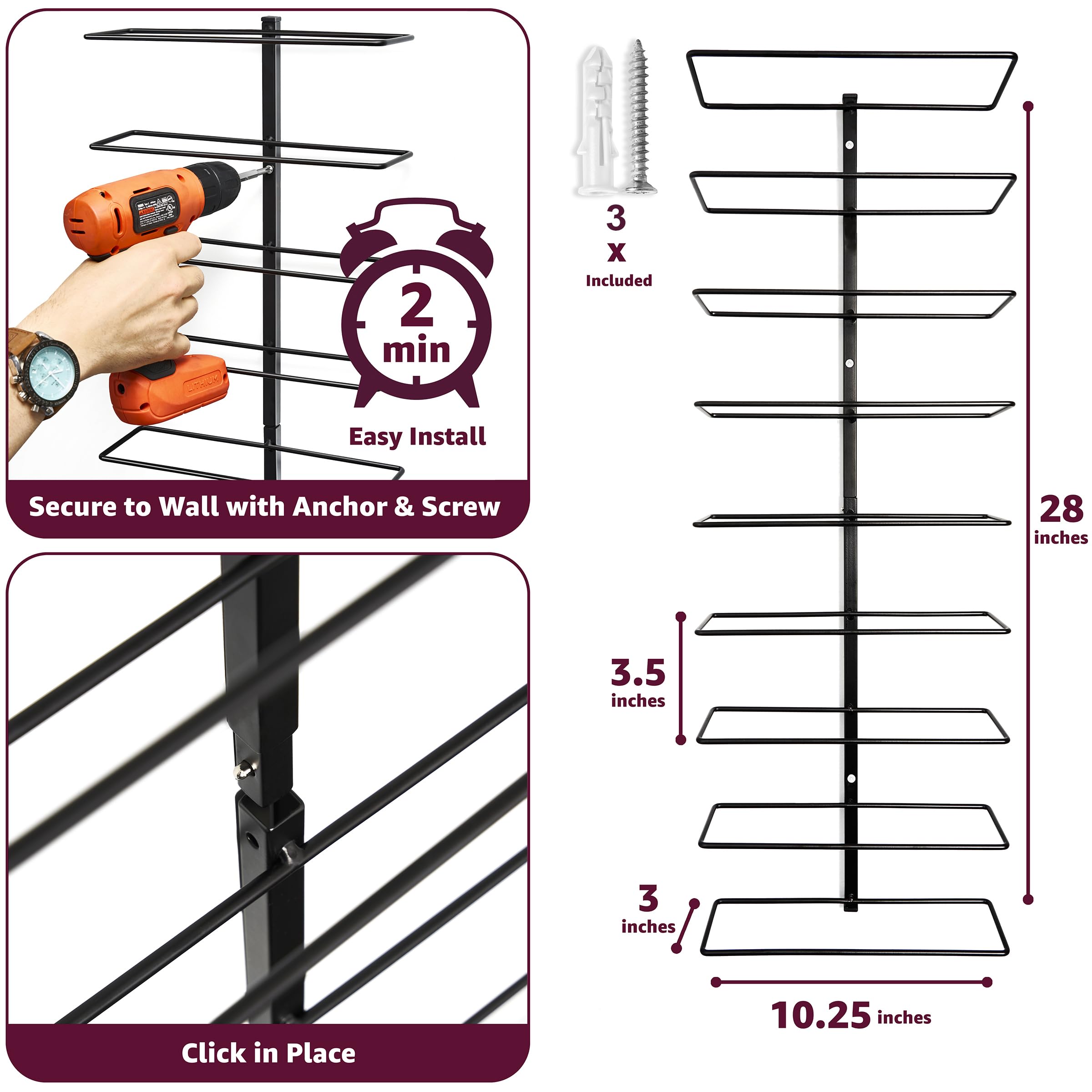 Sorbus wall mount wine rack 9-bottles close-up black-metal finish demonstrates durability