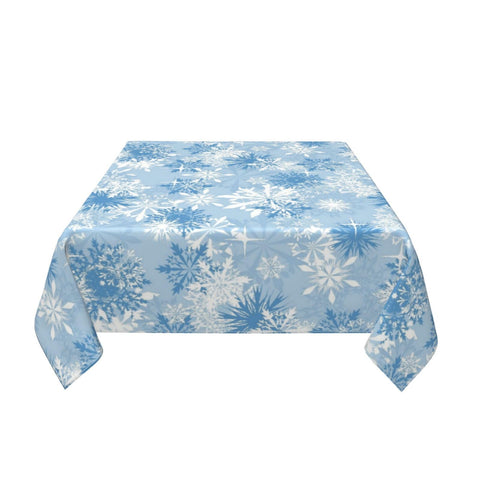 Sorktse blue-white snowflake print on cozy kitchen table.