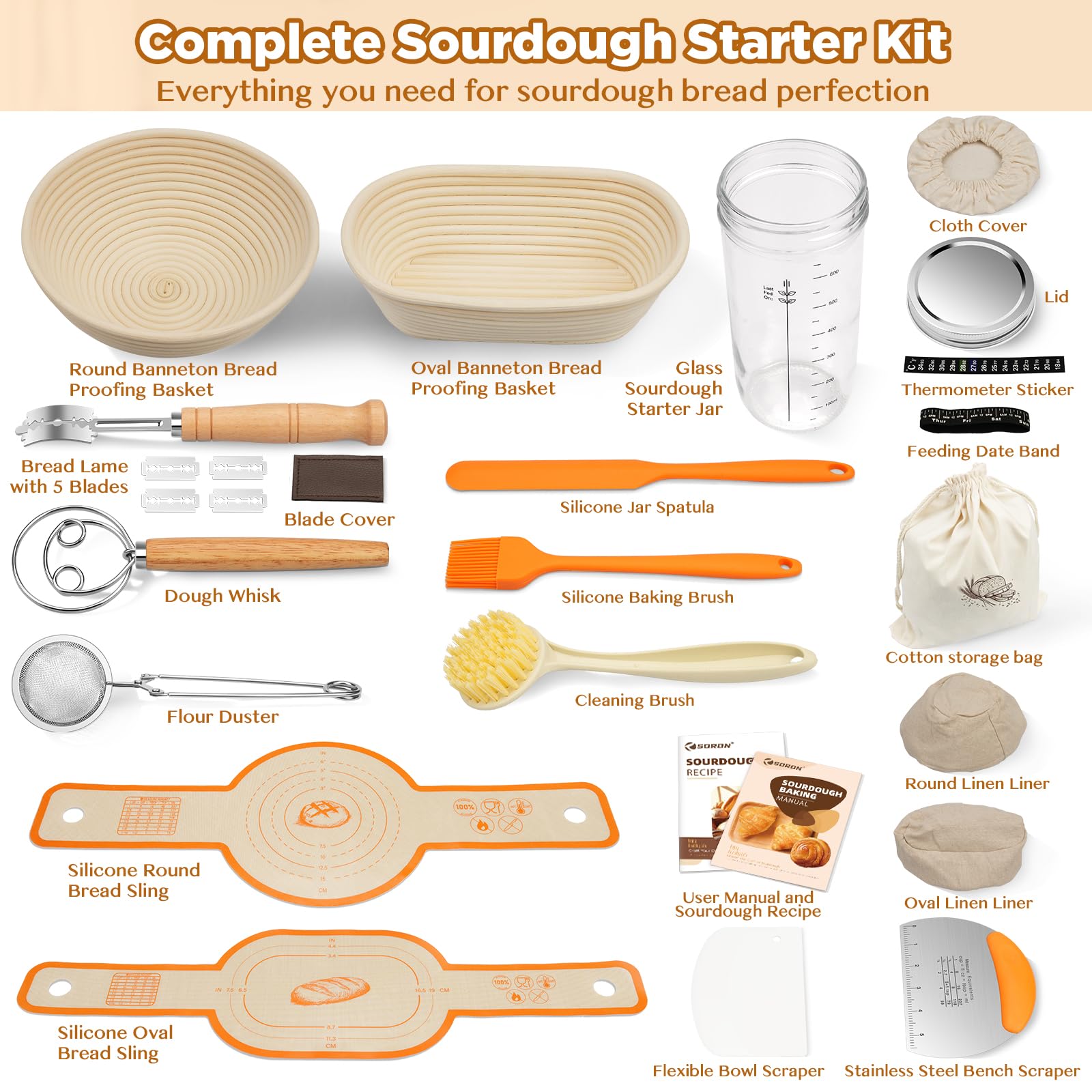 SORON Sourdough Starter Kit oval banneton 10-inch promotes even proof