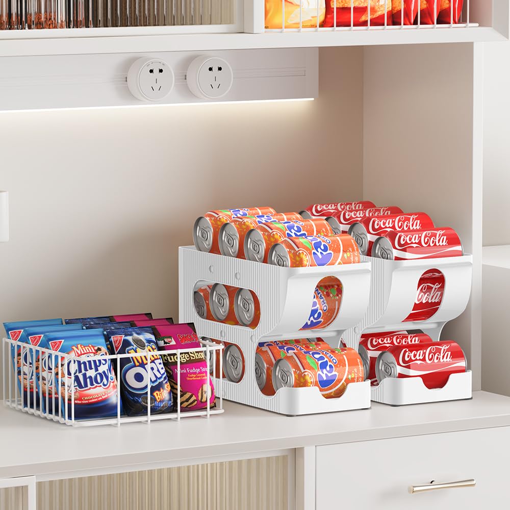 Versatile fridge or countertop storage with organized can lineup.