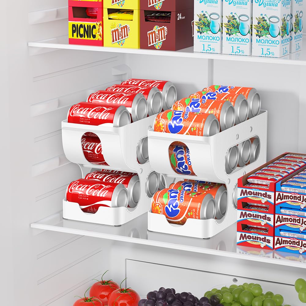Two-pack Sotfamily organizer shows 24-can capacity for pantry and fridge.