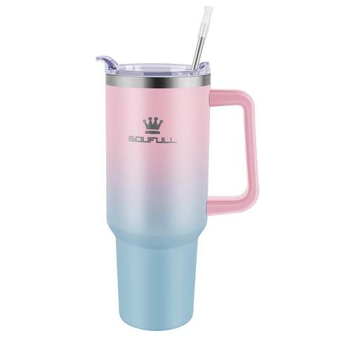 Soufull 40 oz tumbler with MagSlider lid in pink-blue, leak-proof for travel.