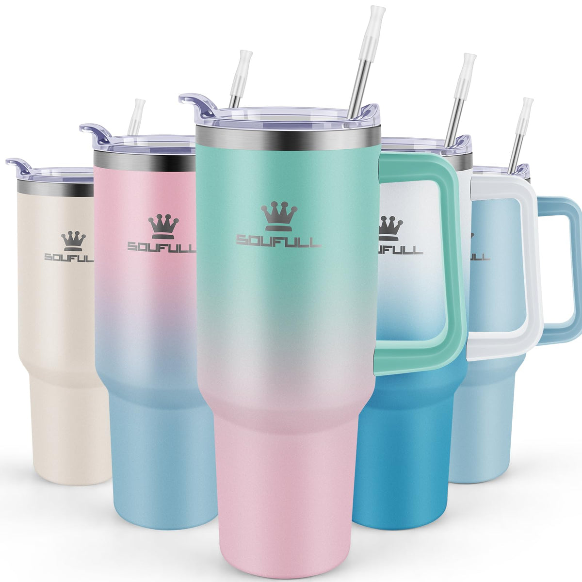 Soufull 40oz tumbler with handle and straw lid, front view, ideal for on-the-go hydration.