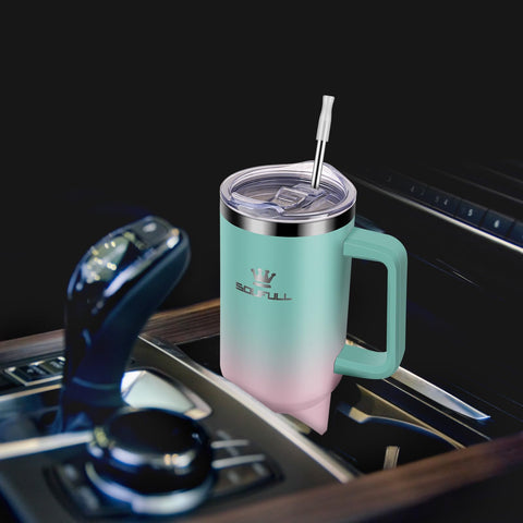 Soufull logo and durable finish on the 40oz tumbler for daily use.