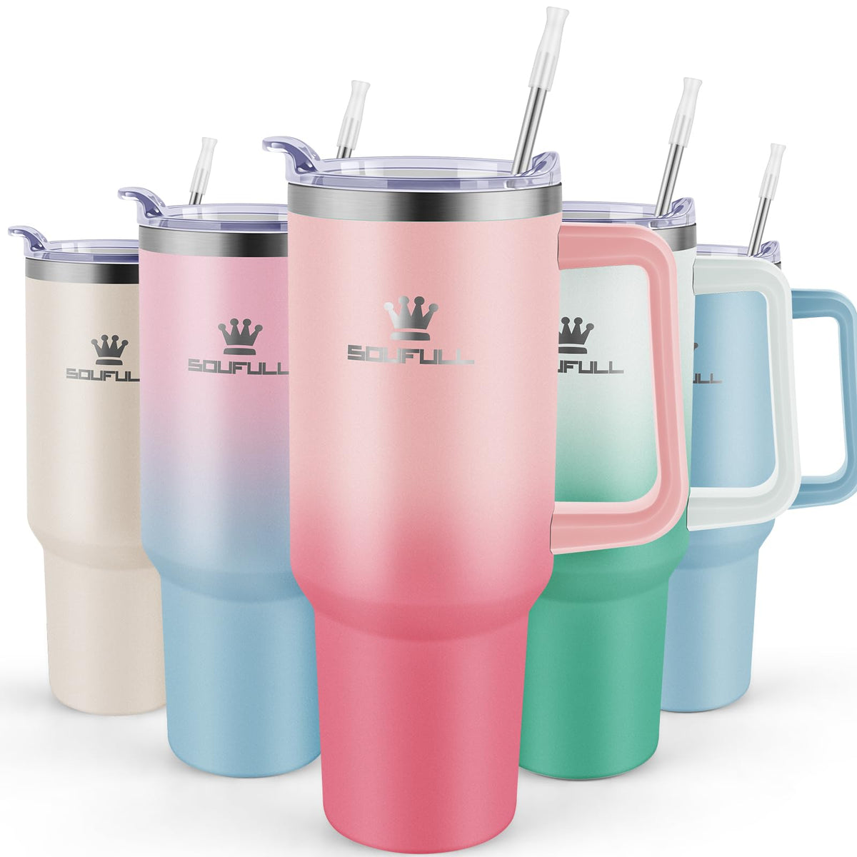 Soufull 40 oz tumbler pinkred with handle and straw lid for easy sipping.