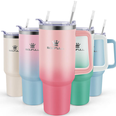 Soufull 40 oz tumbler pinkred with handle and straw lid for easy sipping.