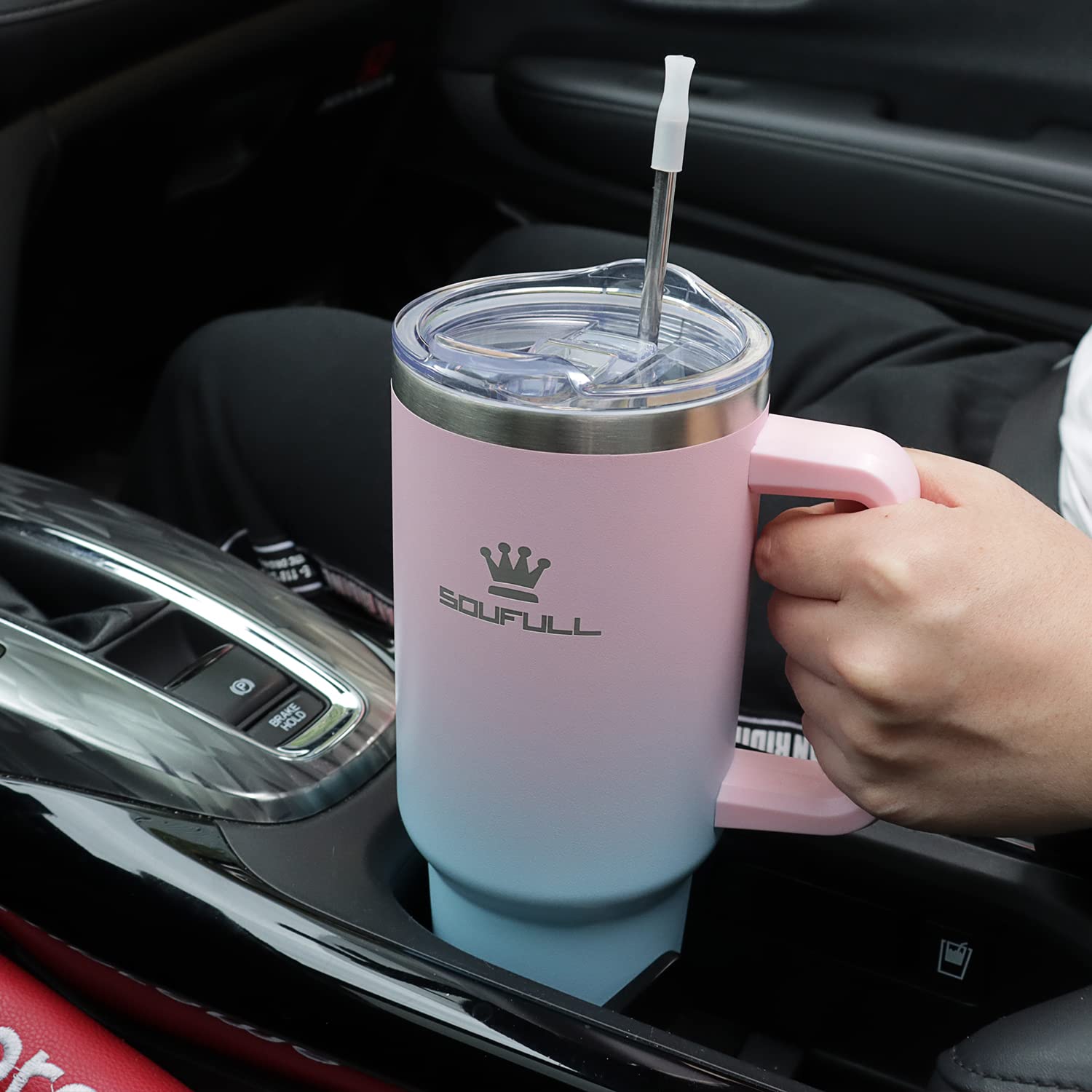 Soufull 40 oz tumbler with straw lid included for iced beverages on the go.