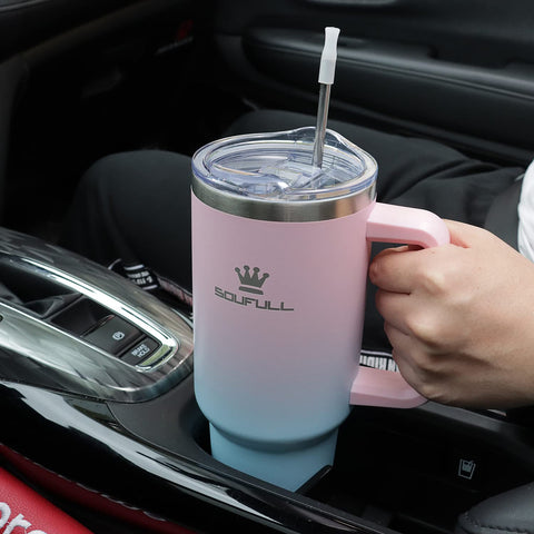 Soufull 40 oz tumbler with straw lid included for iced beverages on the go.