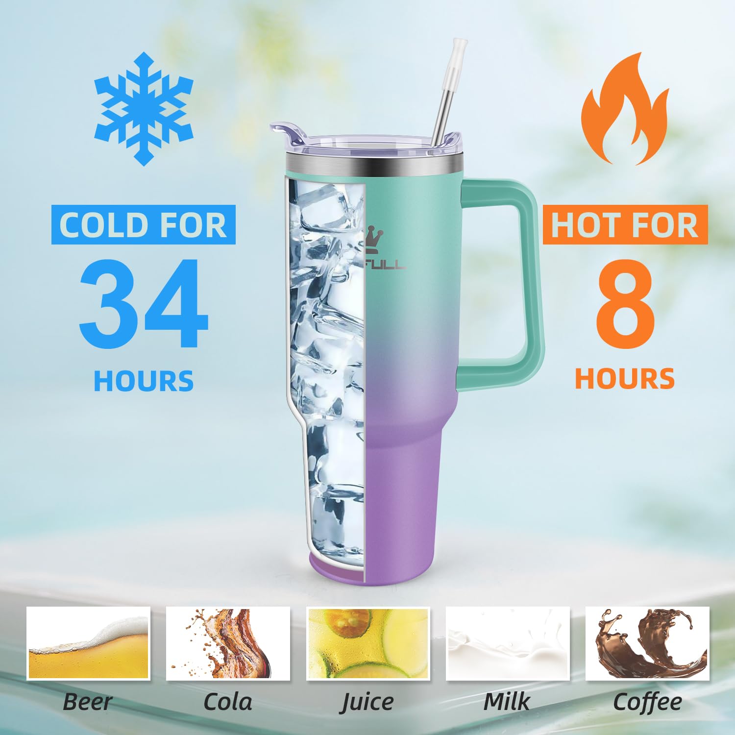 Double-wall vacuum insulation maintains hot or cold temperatures.