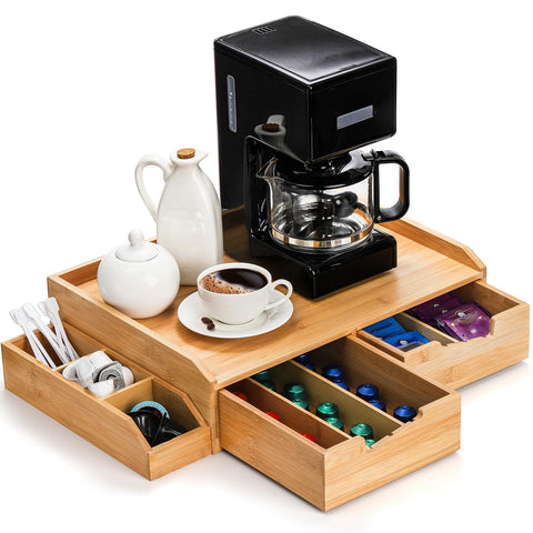 SOUJOY bamboo drawer organizer holding coffee pods on the counter
