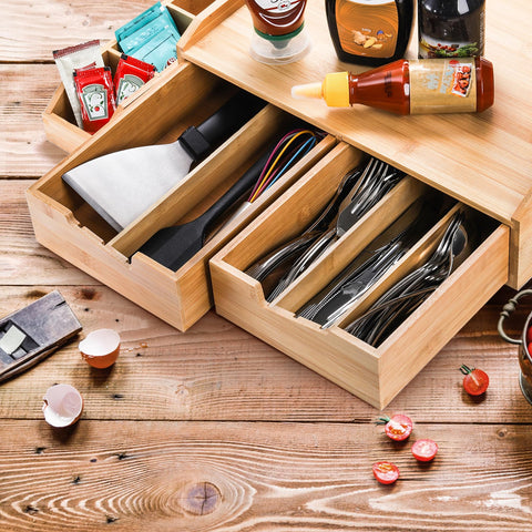SOUJOY bamboo texture organizer blends with kitchen decor and style