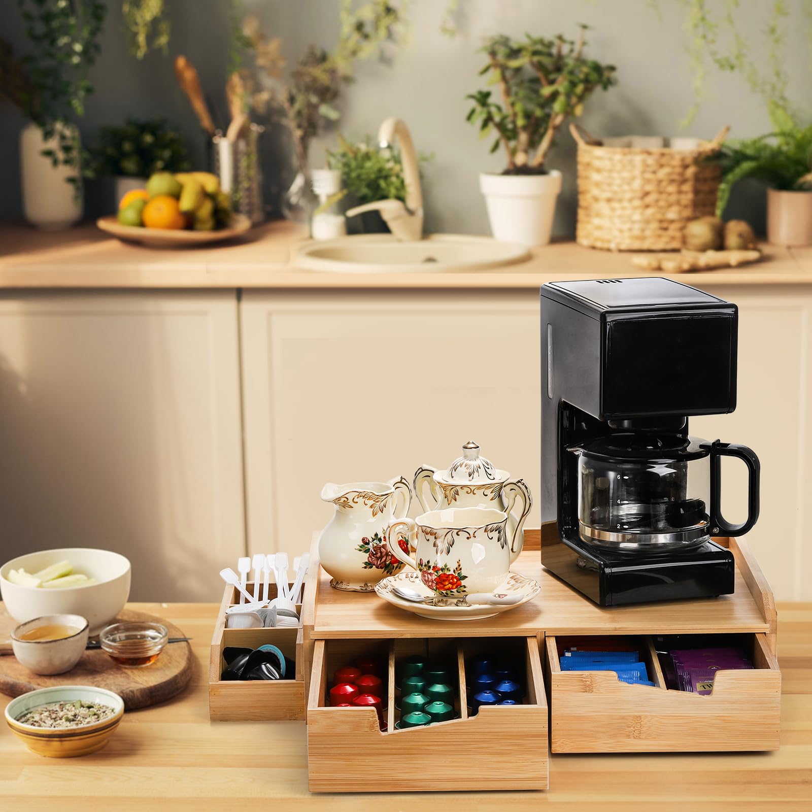 SOUJOY K-Cup organizer with drawer keeps tea and coffee capsules neatly arranged