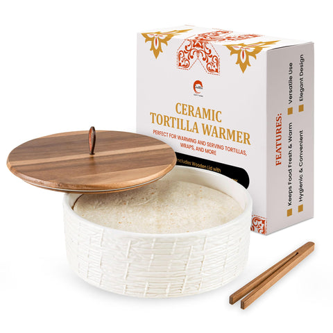 SoulMex ceramic tortilla warmer with wooden lid keeps tortillas warm at the table.