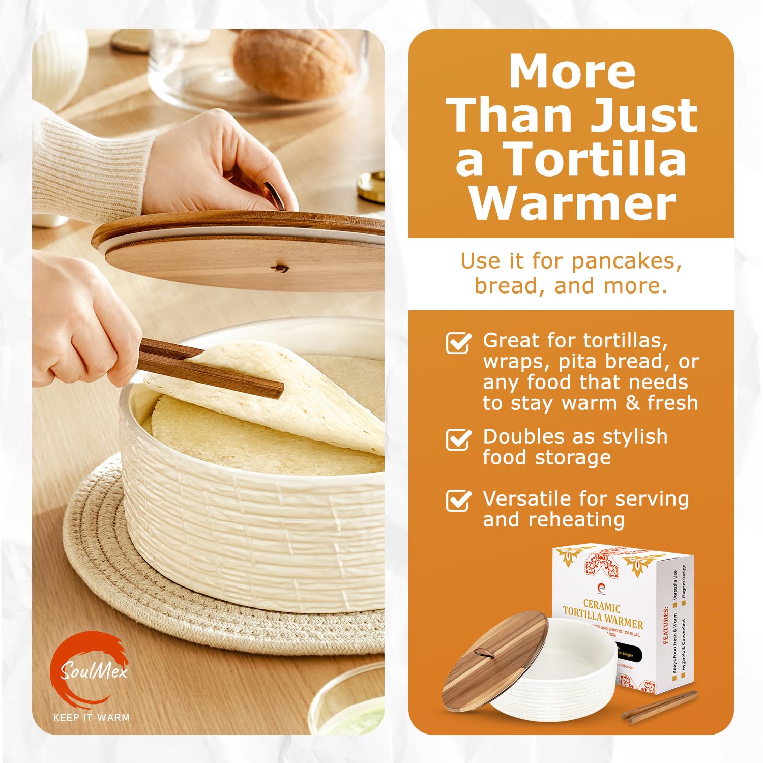 SoulMex large tortilla container fits tortillas, roti, naan, and other flatbreads.