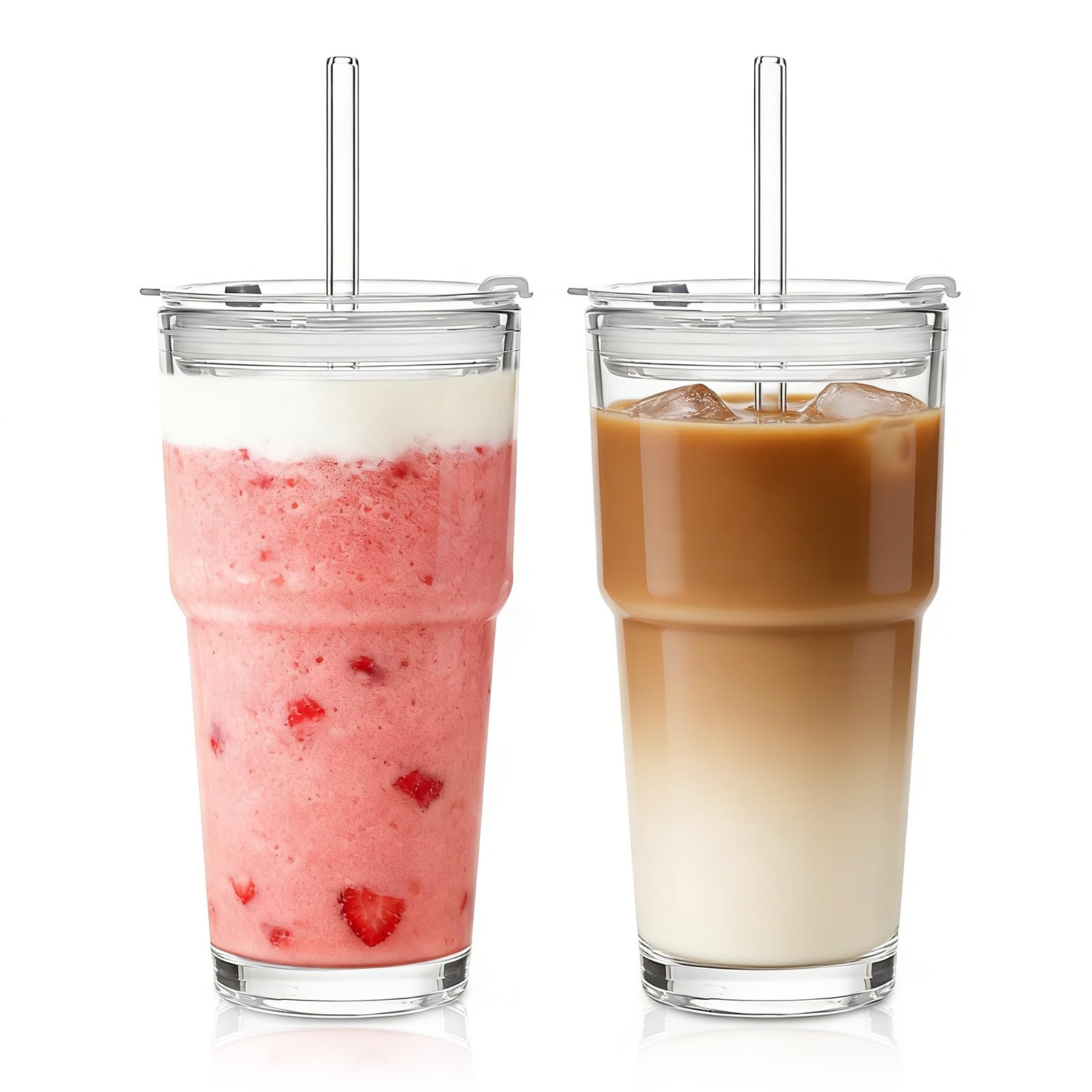 SoulTimes 20oz glass tumbler with lid and straw for spills-free iced drinks.