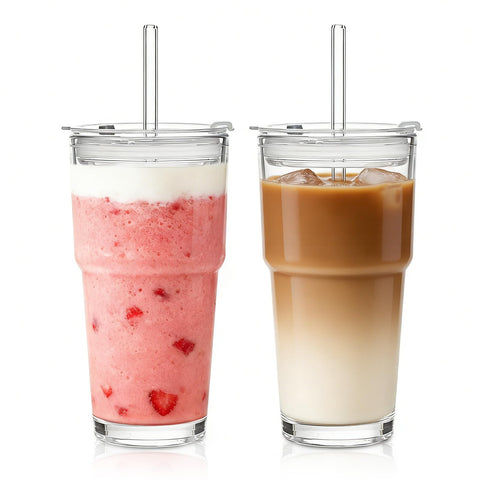 SoulTimes 20oz glass tumbler with lid and straw for spills-free iced drinks.