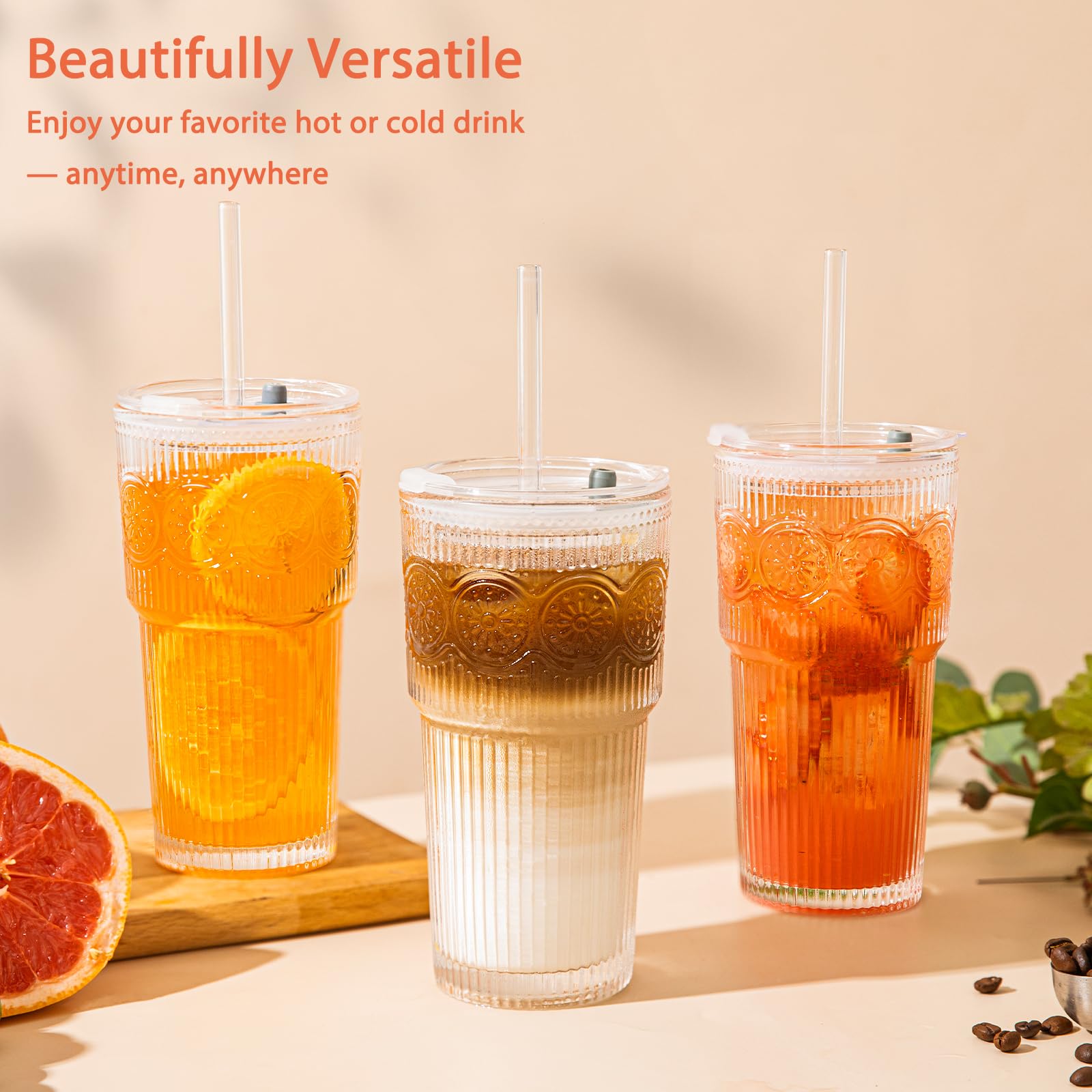 SoulTimes 20oz ribbed floral tumbler glass straw highlights reusable convenience.