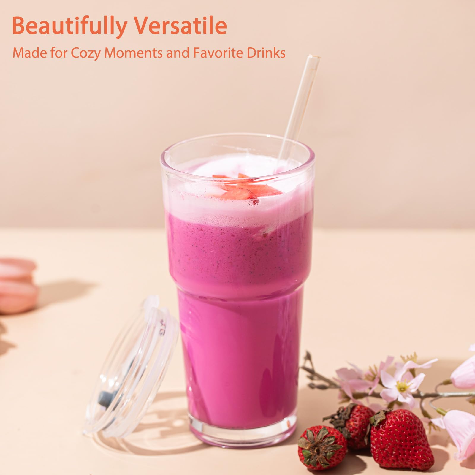 SoulTimes glass straw fits lid for easy, convenient sipping.