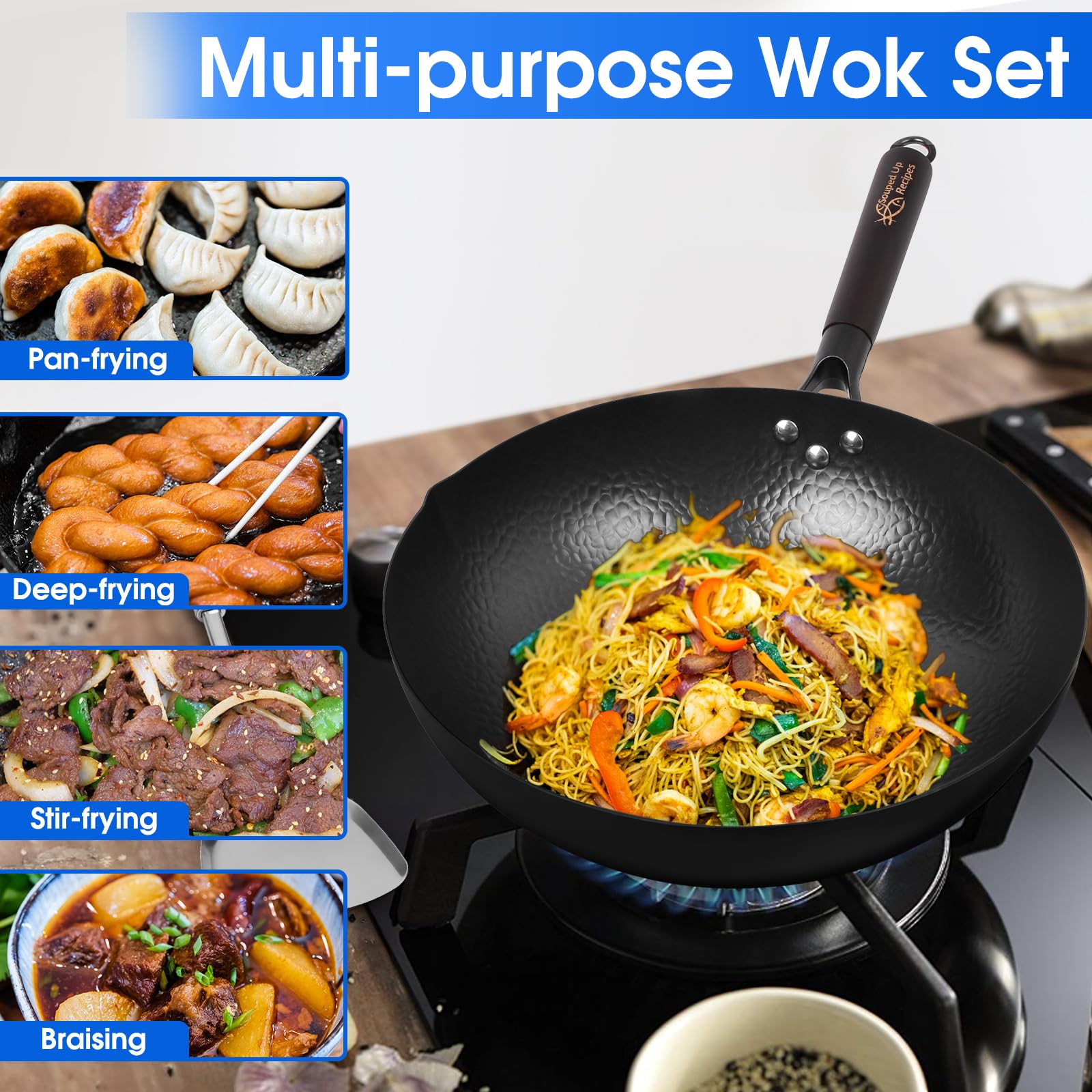 Souped Up Recipes wok lid tempered-glass shows steam while cooking
