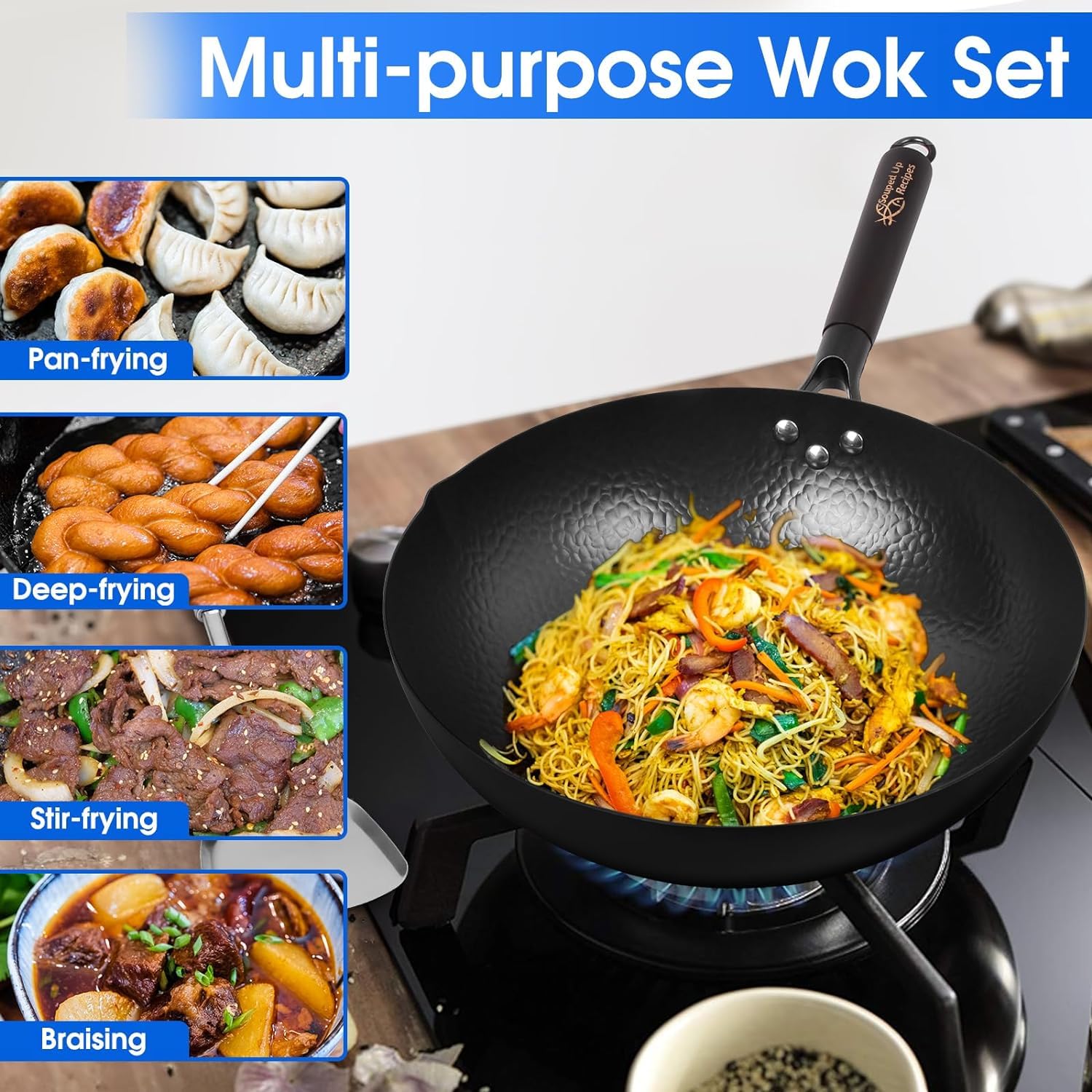 Souped Up Recipes wok lid enhances heat retention for even cooking.
