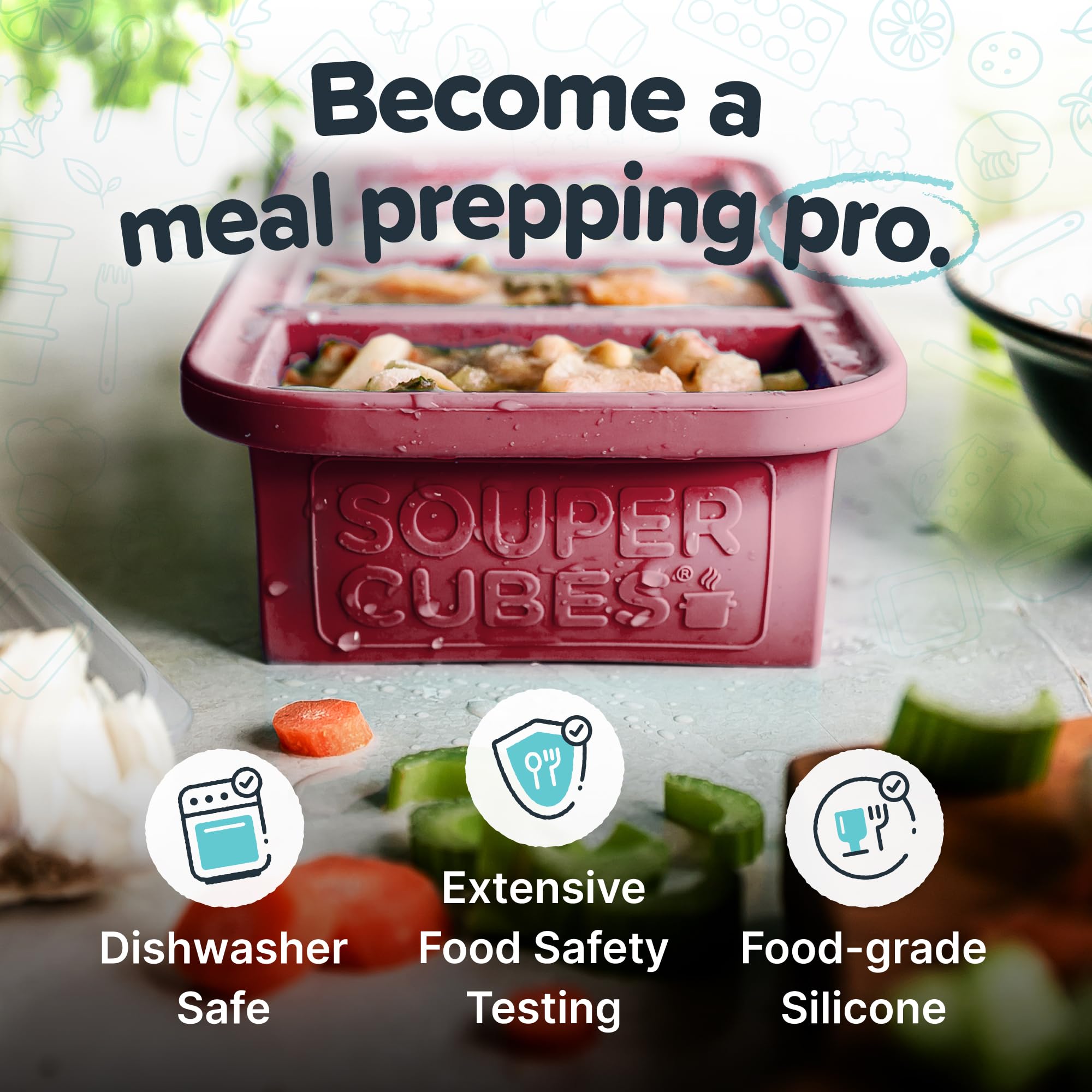 Souper Cubes 1 cup freezer mold with lid keeps soups and sauces organized.