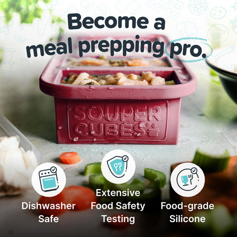 Souper Cubes 1 cup freezer mold with lid keeps soups and sauces organized.