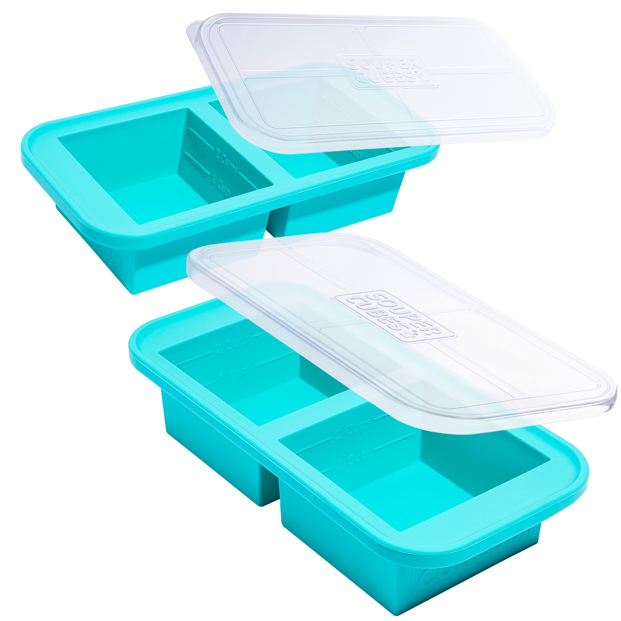 Souper Cubes 2-cup silicone freezer mold with lid keeps portions organized for quick meals.