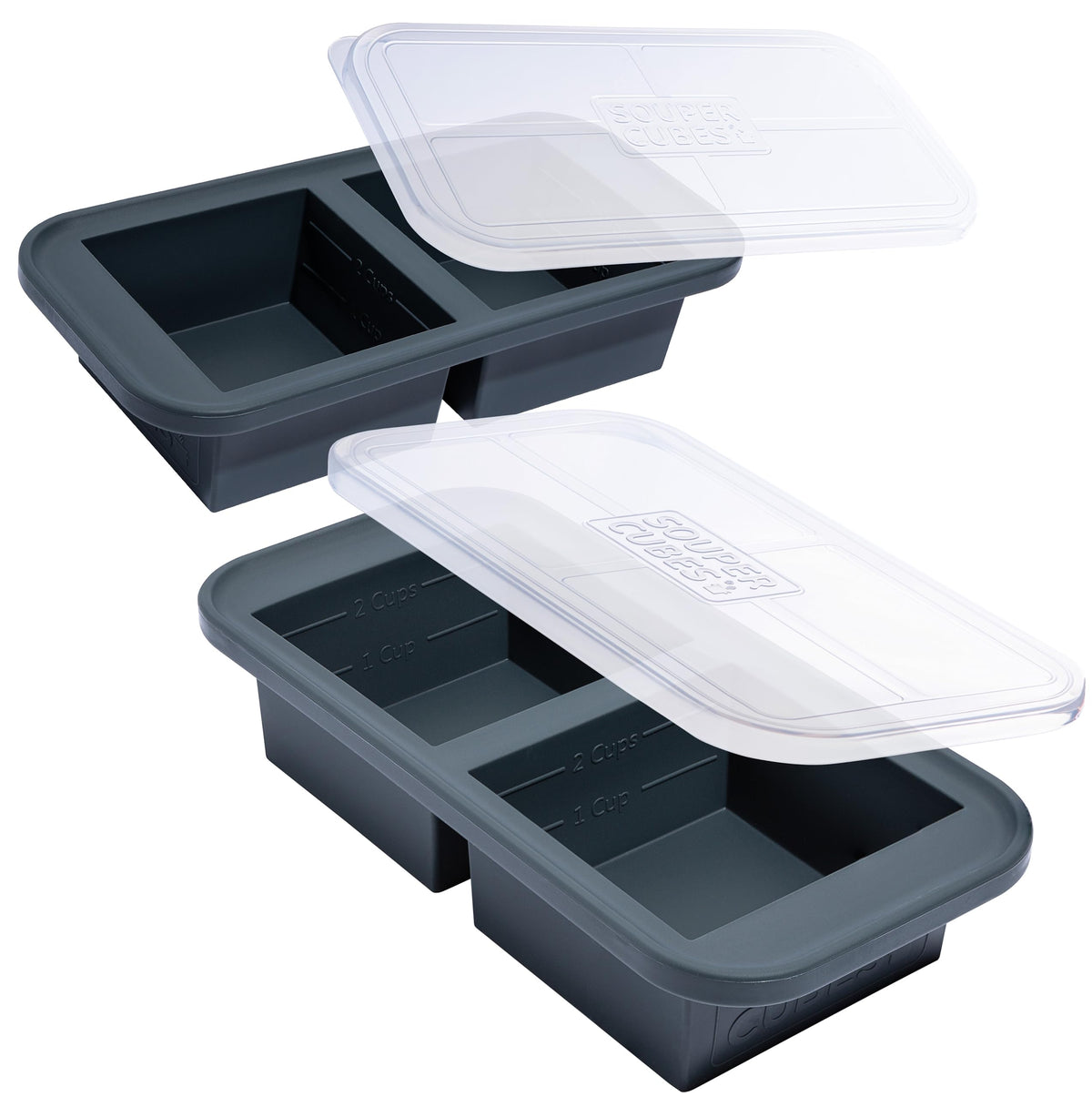 Souper Cubes 2-cup silicone freezer molds with lids in charcoal, durable for batch meal prep.