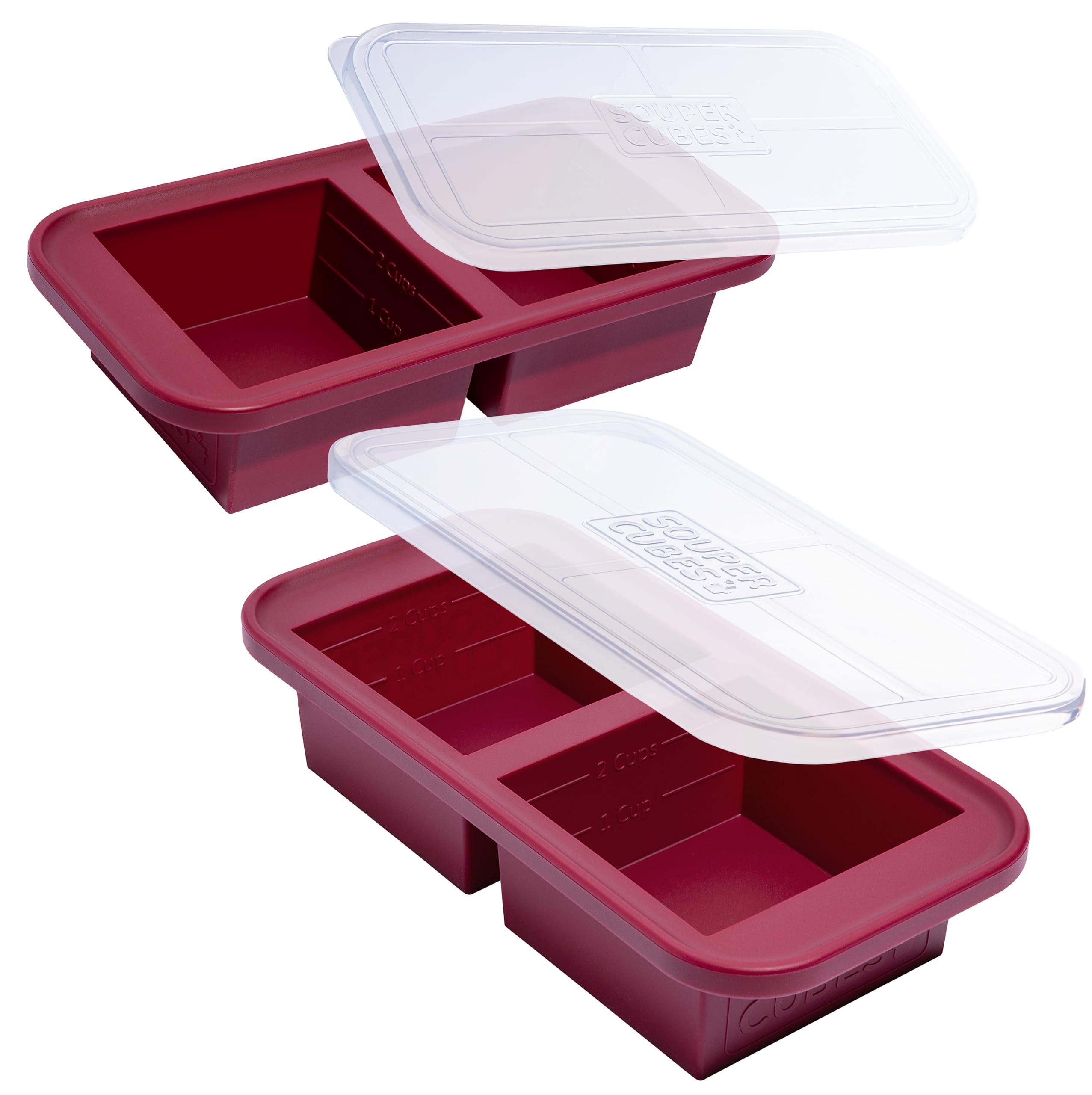 Souper Cubes Cranberry 2-cup silicone freezer molds with lids for easy portions.