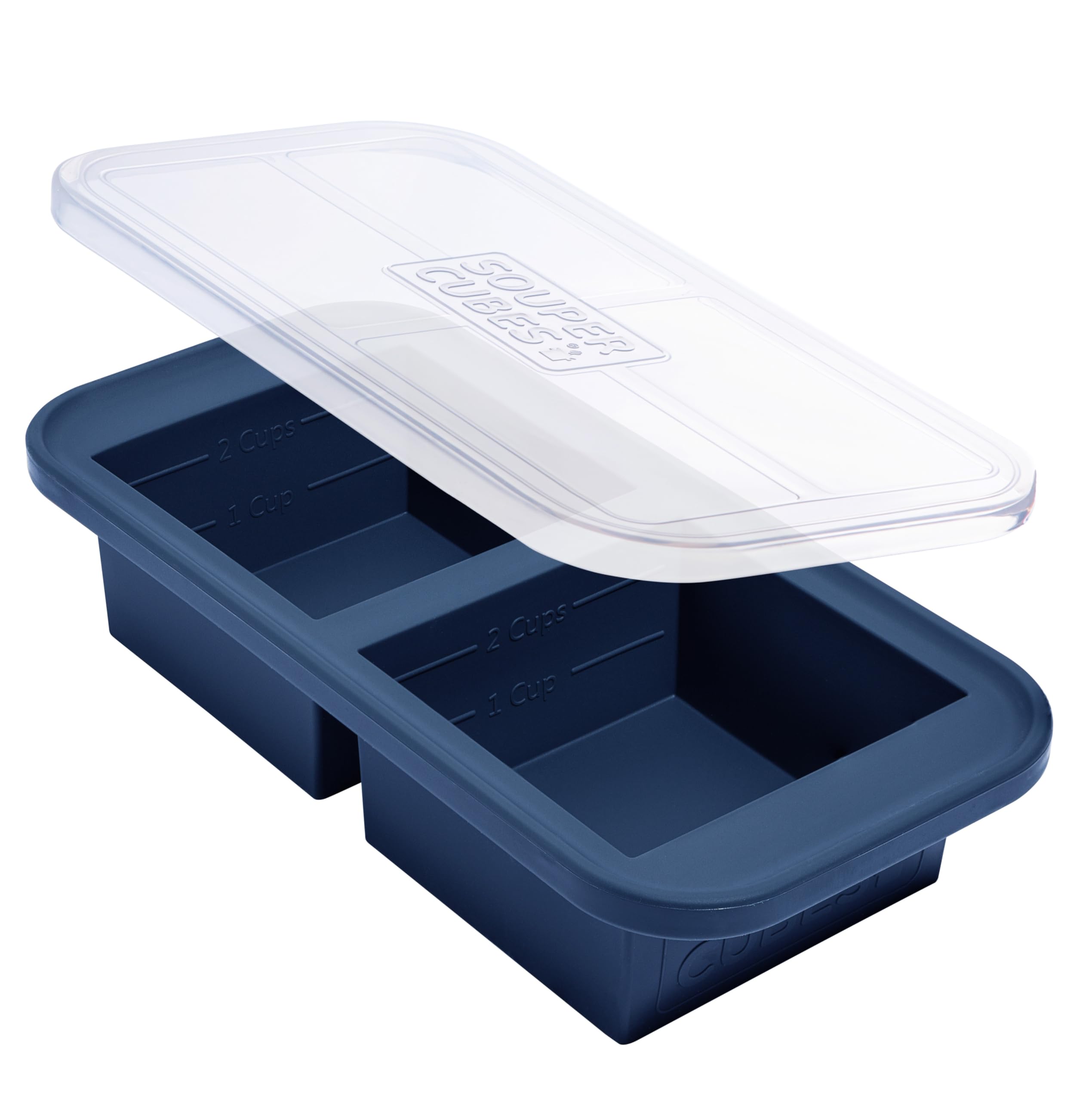 Souper Cubes 2-cup tray with lid blueberry, ideal for freezing lunch portions.
