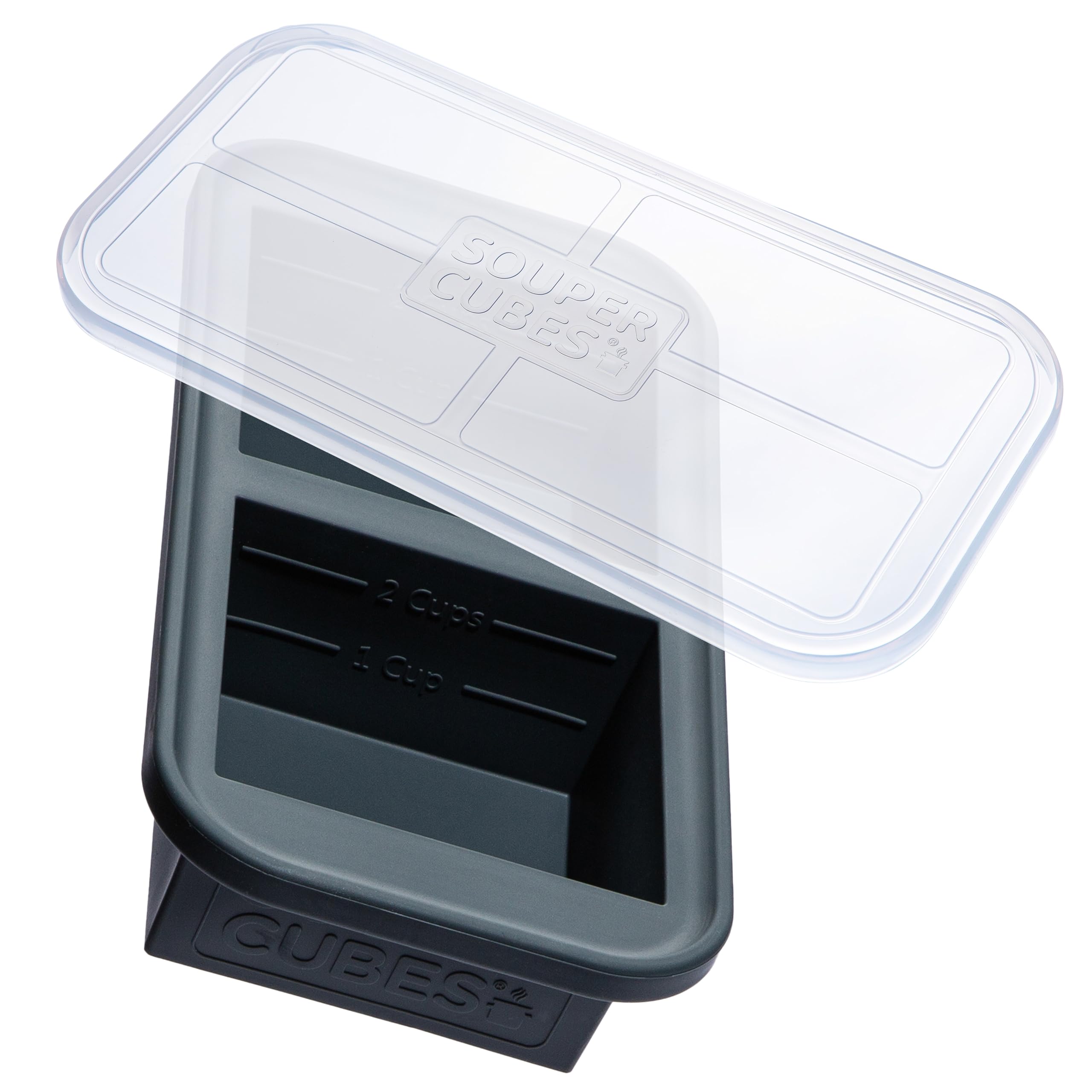 Souper Cubes 2 cup tray with lid showing portioned servings for easy meal prep.